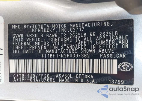 2017 Toyota Camry Se из США, поврежденный, VIN 4T1BF1FK2HU397362